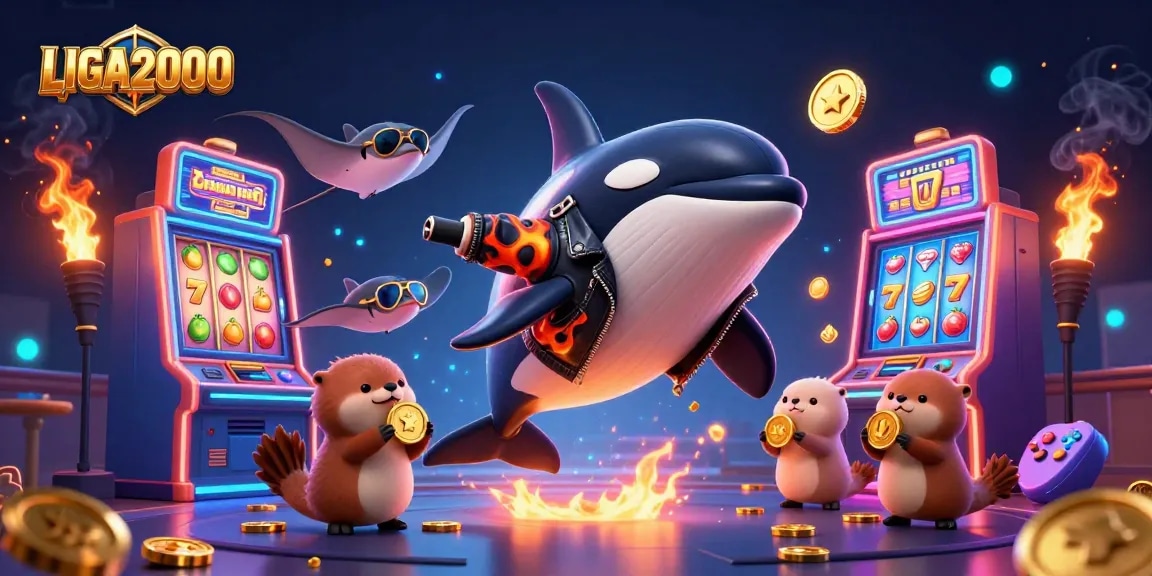 LIGA2000 menawarkan permainan slot yang menarik dengan orca dan berang-berang dalam ilustrasi kasino yang dinamis.