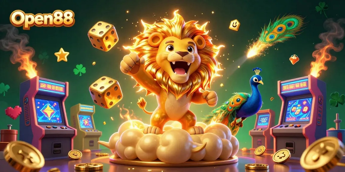 Engage with Open88's vibrant casino experience featuring a roaring lion, golden dice, and arcade elements.