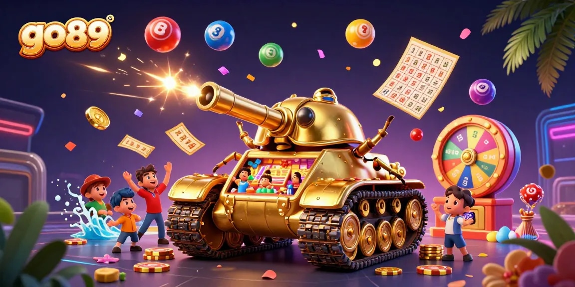 Engage with the vibrant go89 casino experience, featuring dynamic lottery balls and a golden beetle tank.