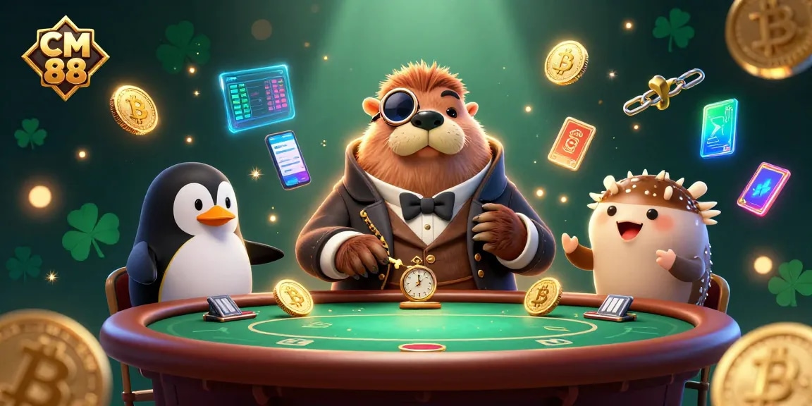 Play poker with whimsical characters in a vibrant CM 88 casino scene full of crypto elements.