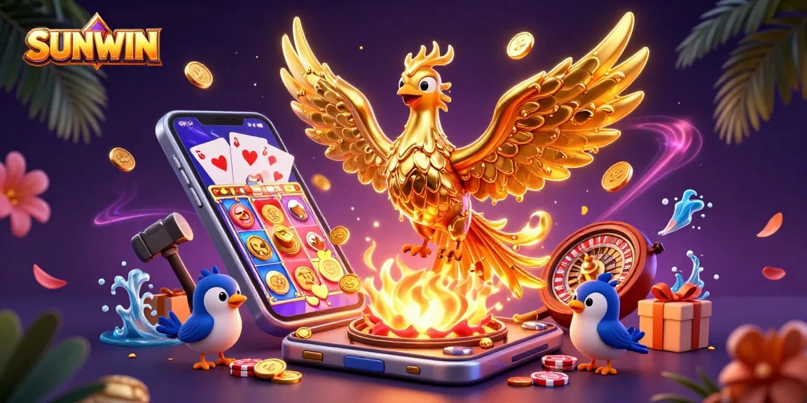 SUNWIN captivates players with a dynamic scene of a golden phoenix and gaming icons illustrating thrilling casino action.