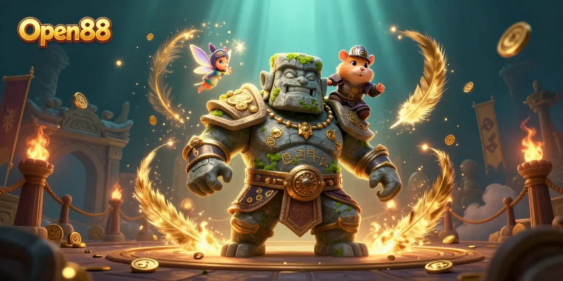 Experience excitement at Open88 with a dynamic 3D scene featuring a stone golem and magic.