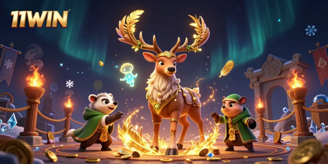 Engage with thrilling 11WIN casino action featuring a Celtic druid stag and vibrant game elements.
