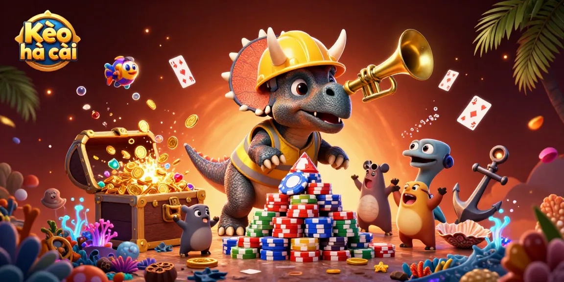 Kèo nhà cái showcases an energetic scene with vibrant characters celebrating a poker chips pyramid, fulfilling a gambling theme.