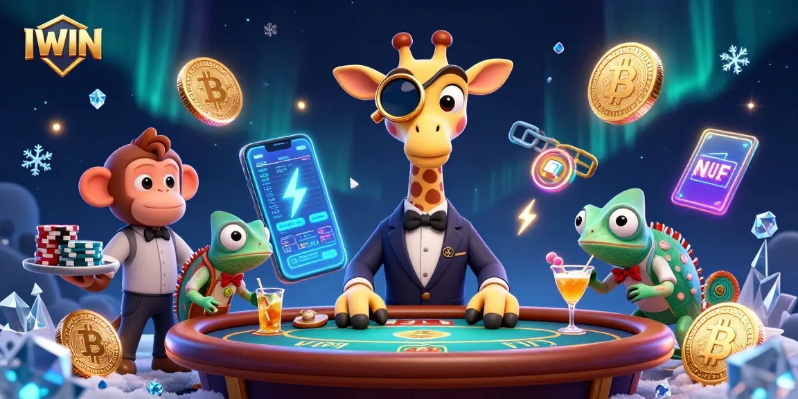 IWIN scene showcasing a high-roller giraffe at a VIP poker table, surrounded by dynamic casino elements.