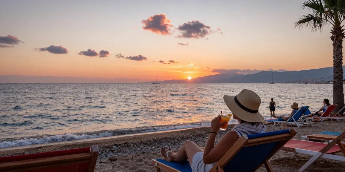 Antalya weather October evening at a beach with sunset hues and a traveler relaxing.