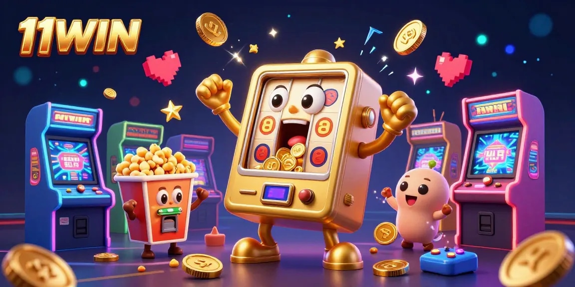 Experience the thrill of 11WIN with a golden slot machine celebrating its jackpot amidst cheering machines.