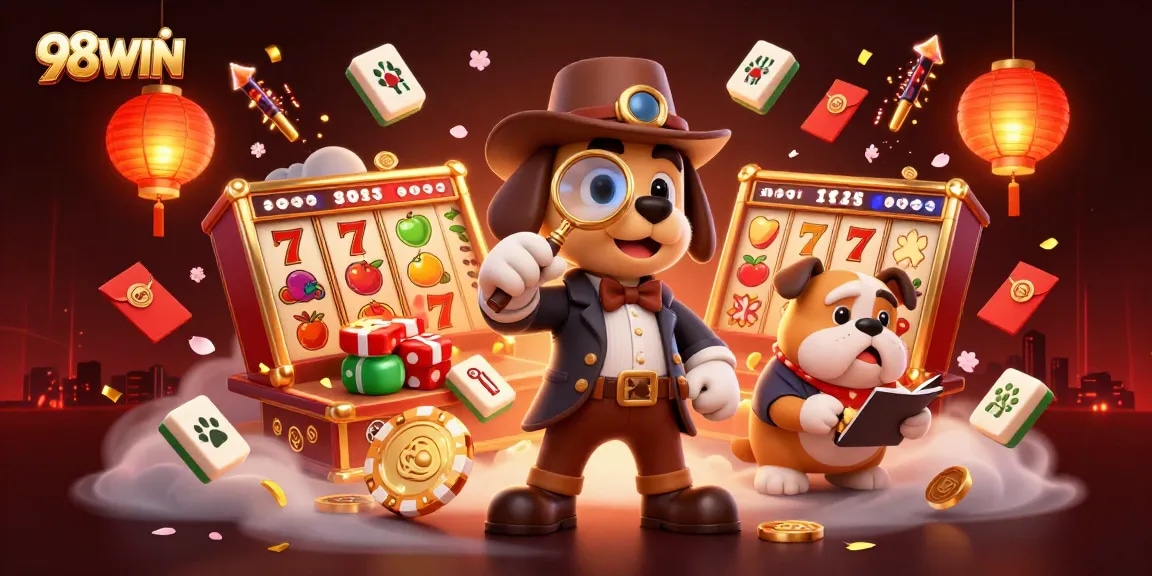 Engage with 98WIN's vibrant slot illustration featuring characters uncovering treasures.