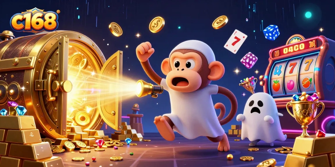 Experience thrilling slots at c168 while a playful ghost juggles treasures in a lively casino scene.