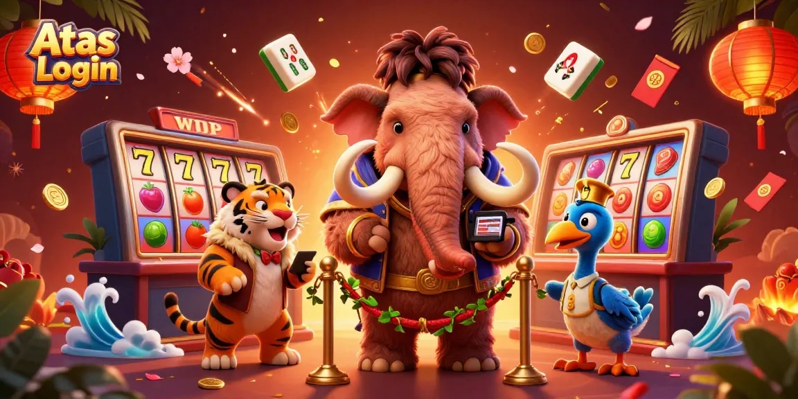 Experience Atas Login with vibrant casino elements featuring characters in a lively scene.