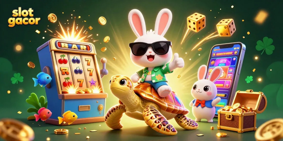 Experience the thrill of slot gacor with a fun rabbit and golden turtle in a vibrant casino explosion setting.