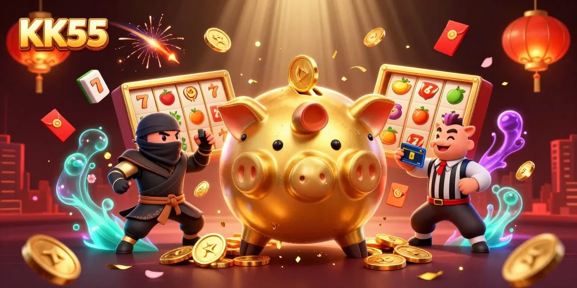 Engage in thrilling gameplay at KK55 with dynamic scenes of sumo wrestlers and samurai amidst vibrant casino elements.