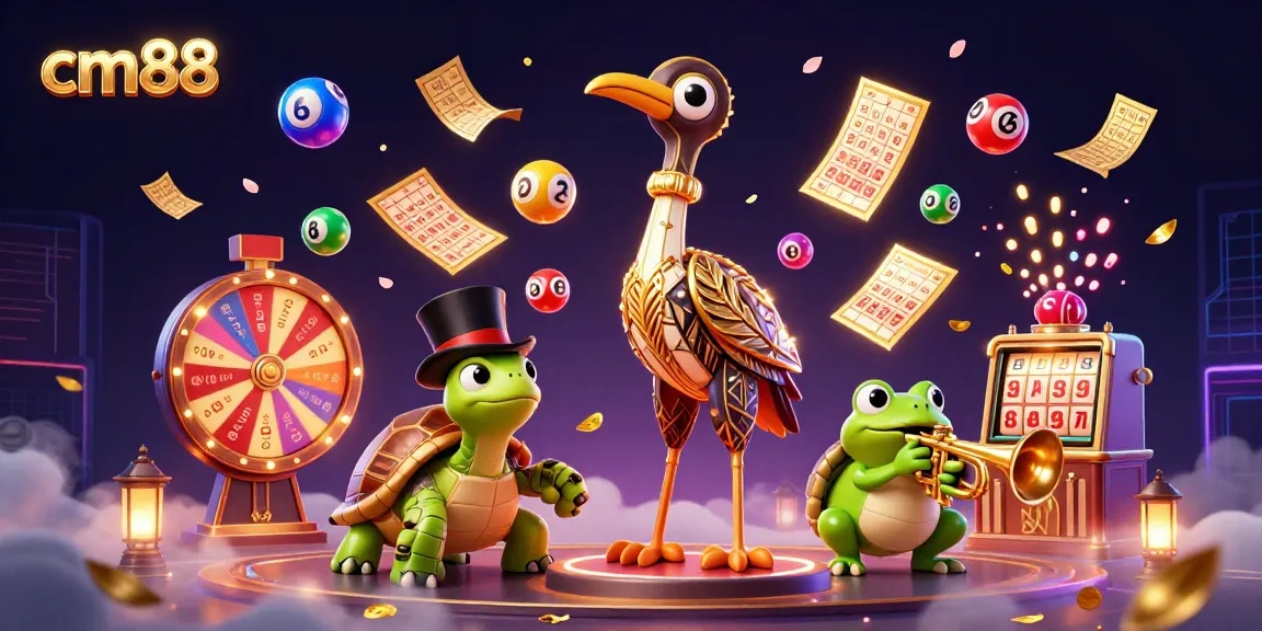 Experience thrilling gaming at cm88 with vibrant cartoon characters amidst lottery balls and dynamic prizes.