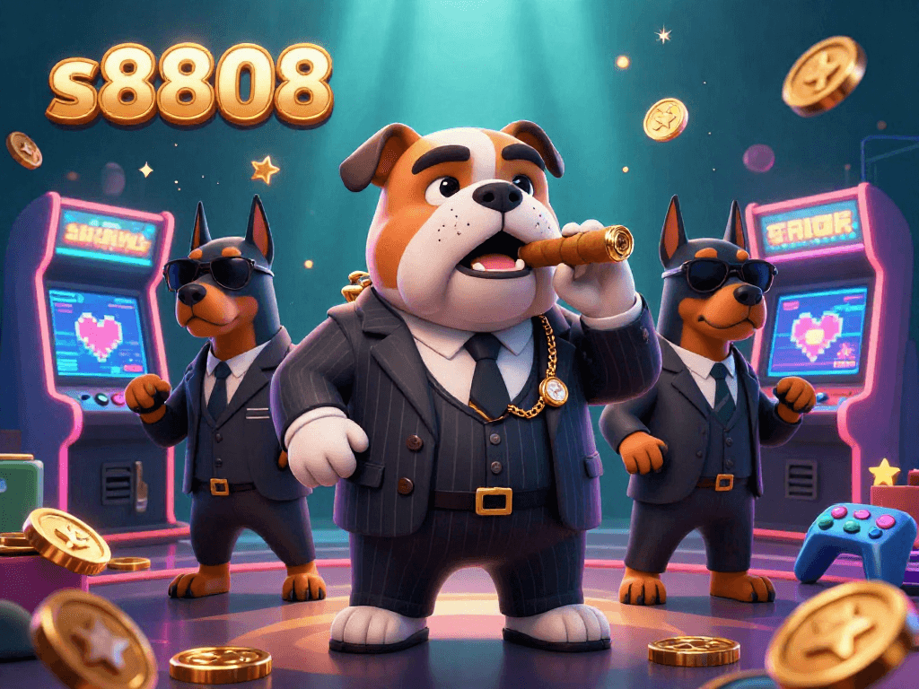 Engage with the vibrant world of s8808 casino featuring a mafia bulldog and Doberman bodyguards amidst colorful game machines.