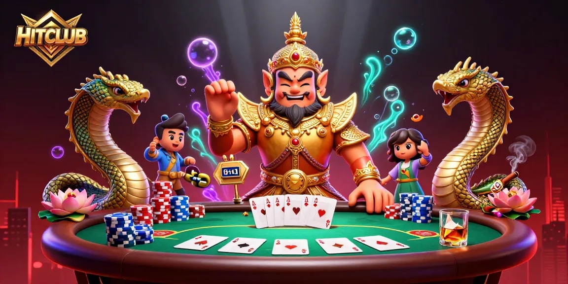 Experience the thrill of HITCLUB with a vibrant casino scene featuring poker action and dynamic characters.