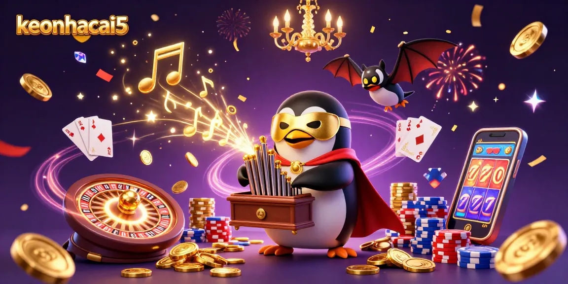 Experience excitement with the keonhacai5 penguin playing organ while coins cascade in a vibrant casino scene.