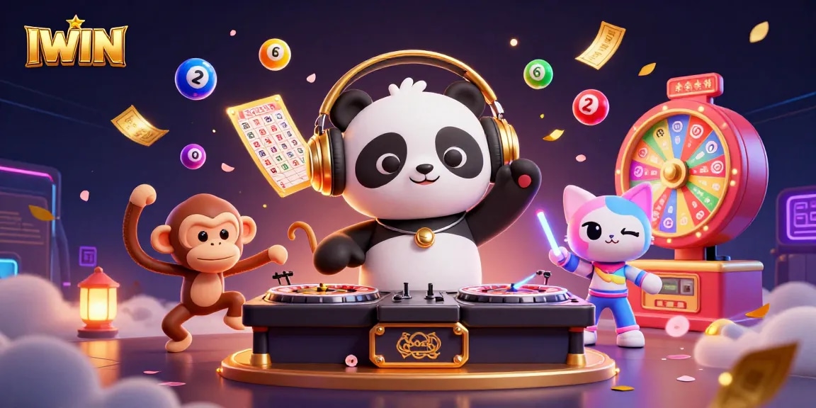 Join the fun at IWIN's casino with a vibrant DJ panda, dancing monkey, and glowing kitten!