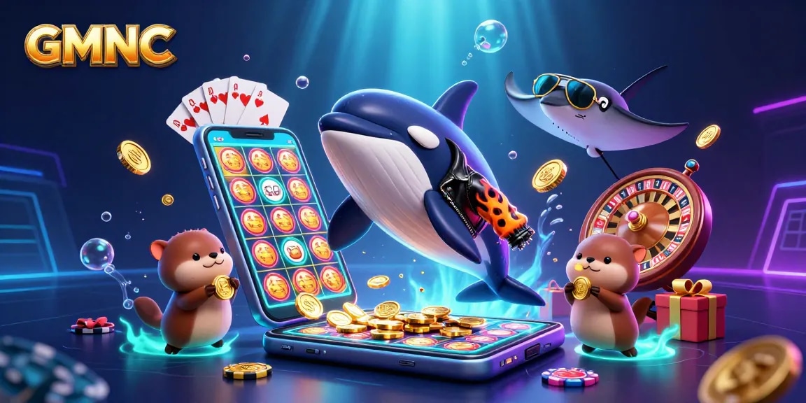 Enjoy thrilling GMNC casino action featuring an orca, stingray, and otters with coins.