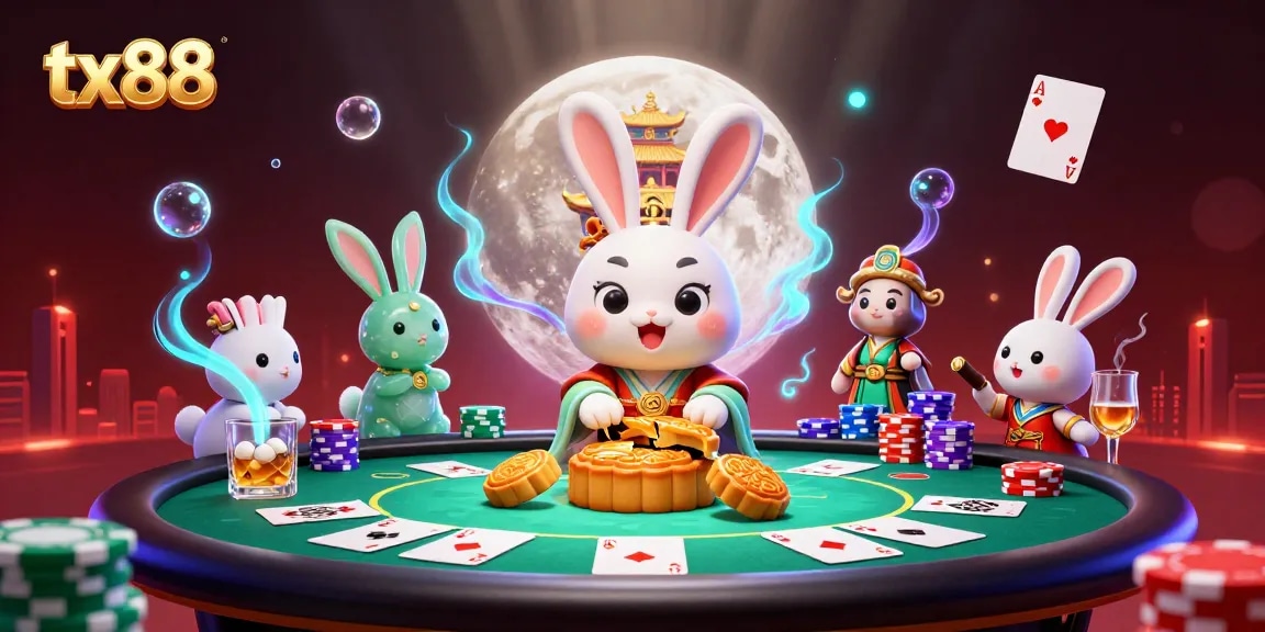 Experience the excitement of tx88 with a vibrant 3D scene featuring a moon rabbit and poker elements.