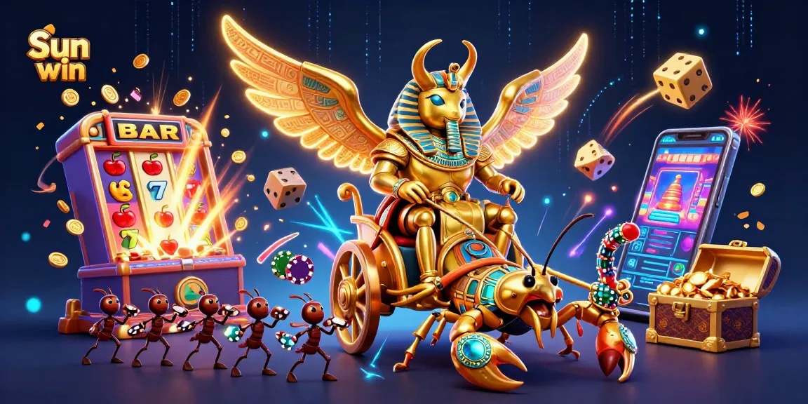 Experience the thrill of winning with Sun win's stunning casino illustration featuring a golden scarab chariot.