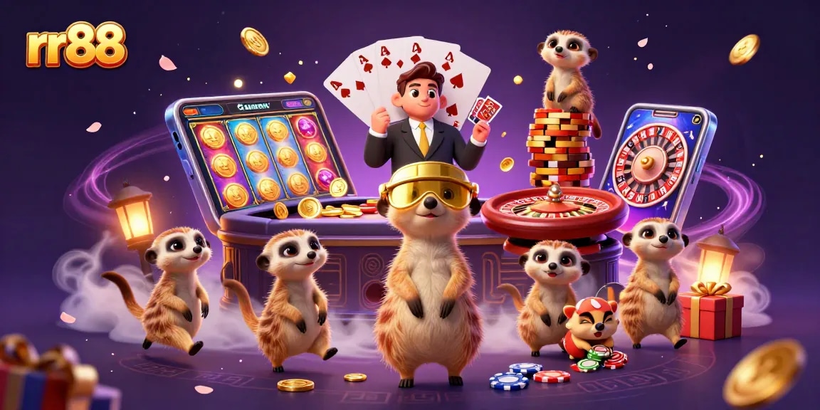 Experience the vibrant energy of rr88's casino culture with playful meerkats in a dynamic gaming scene.