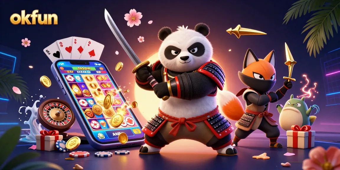 Engage with the thrilling world of okfun, featuring a samurai panda and ninja fox in a vibrant casino scene.