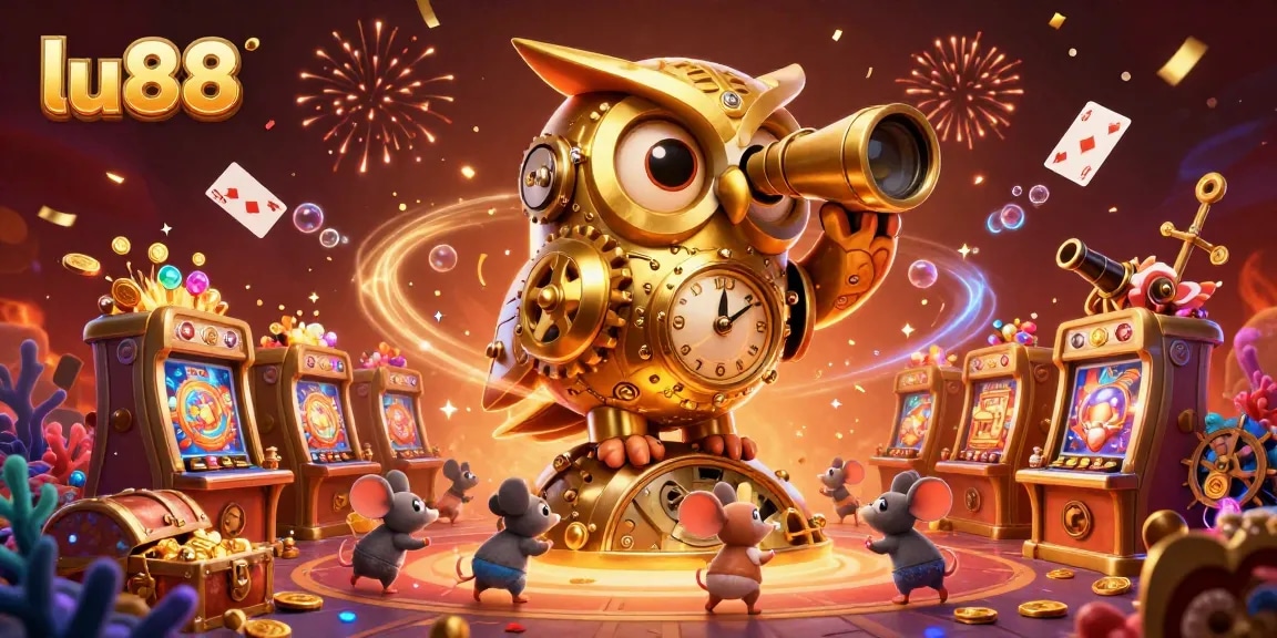 Experience the excitement of lu88 with a golden owl overseeing a vibrant casino floor filled with treasures.