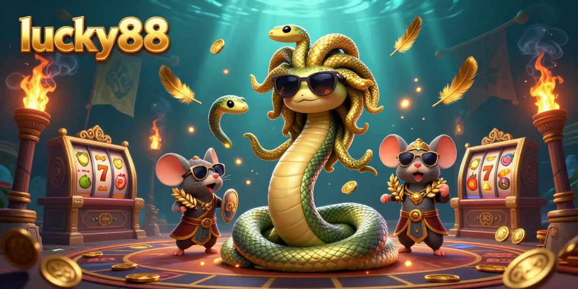 Experience the thrilling world of lucky88 slots alongside Medusa and a warrior mouse in a vibrant casino scene.