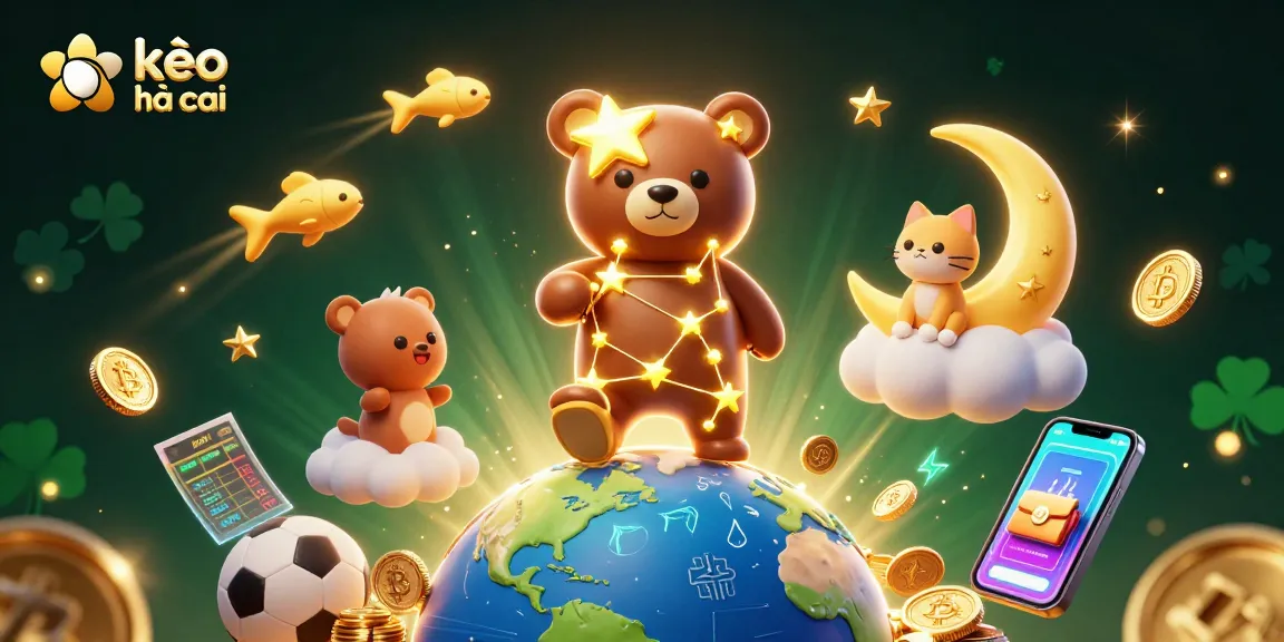 Bettors engage with kèo nhà cái as a 3D constellation bear scoops coins amidst sports elements.