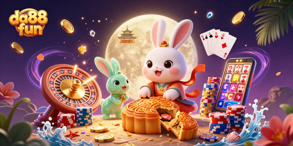 Experience da88 fun with vibrant 3D casino-themed illustration featuring moon rabbits and casino elements.
