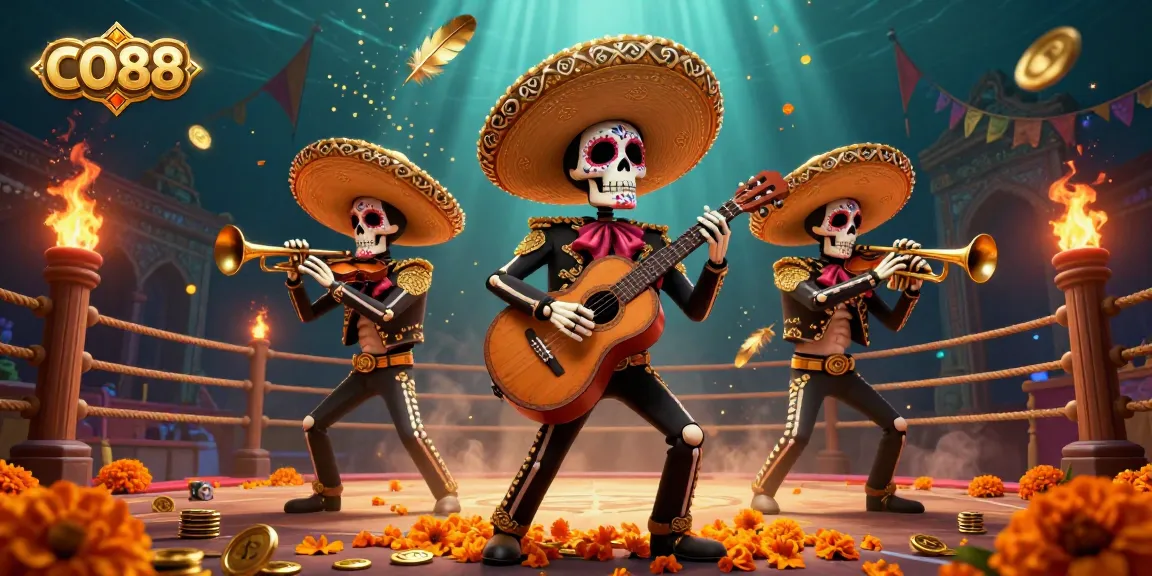 Engage with CO88's vibrant Day of the Dead mariachi band in a dynamic gambling scene.