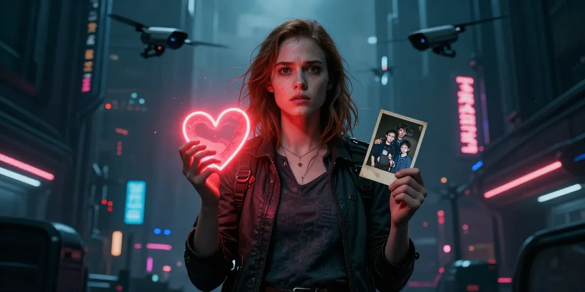 Emma Thorne confronts authoritarian government control while symbolizing rebellion and emotional strength in a dystopian cityscape.