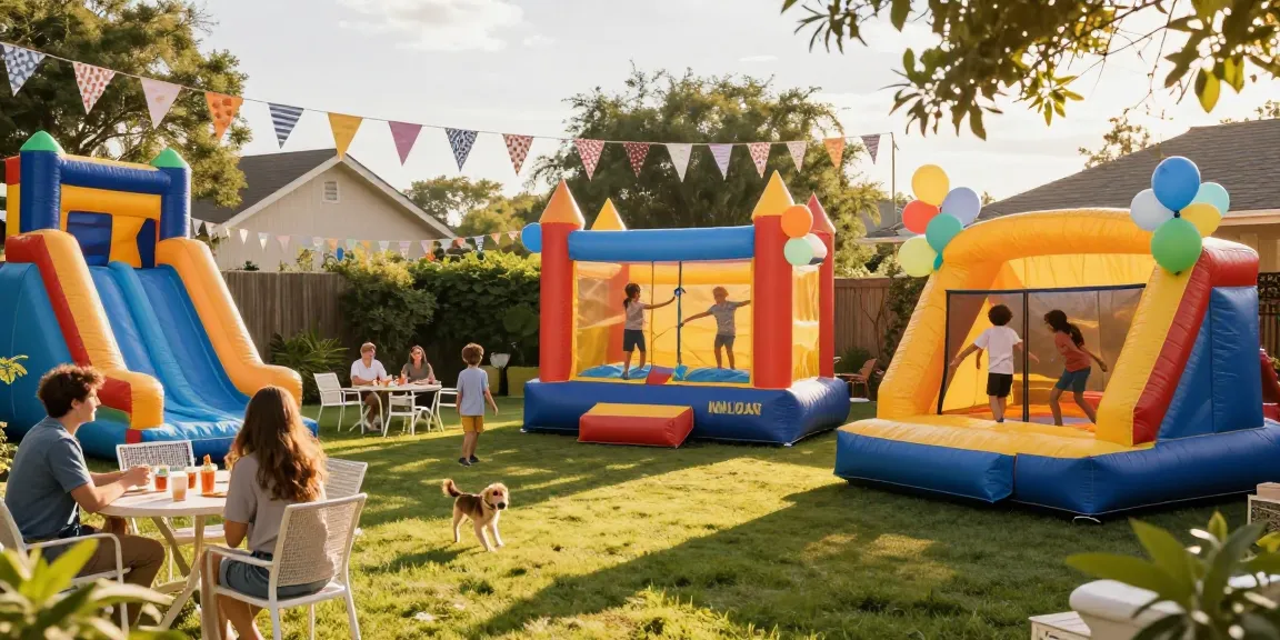 Bouncing kids enjoying colorful bounce houses at a vibrant outdoor party.