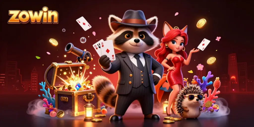 Experience the thrill at Zowin with a suave raccoon, glamorous fox, and playful hedgehog in a vibrant casino scene.