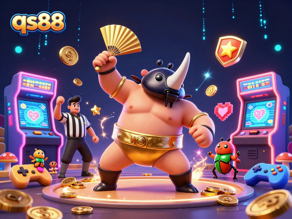 Experience thrilling gameplay at qs88 with a vibrant scene of cartoon characters amidst flying coins and arcade machines
