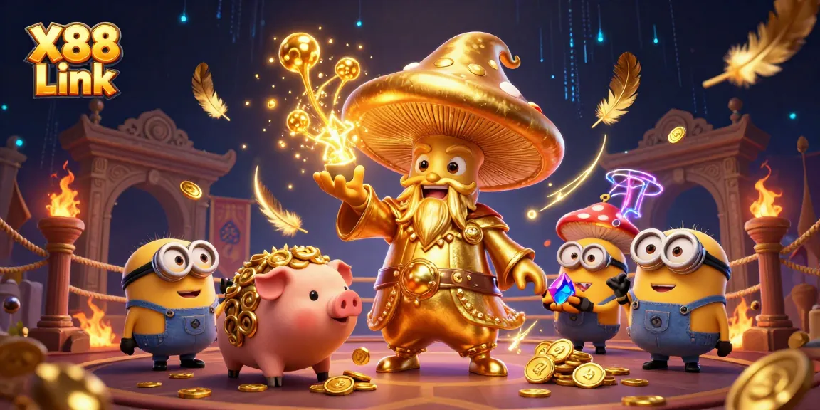 Spin the reels of fortune at X88 Link with a dazzling wizard and treasure-hunting pig amidst casino magic.