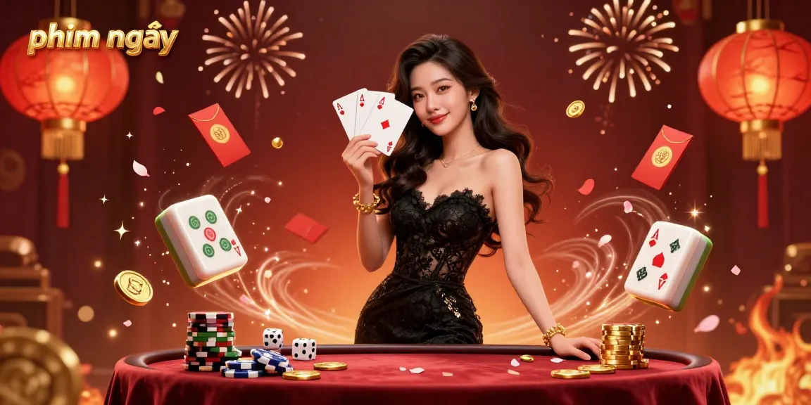 Experience phim mới with a captivating Asian woman holding ace playing cards in a vibrant casino setting.