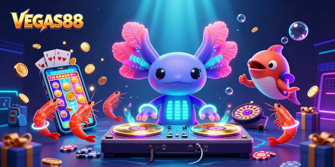 Spin to win with VEGAS88: Neon-themed underwater casino party with 3D characters and vibrant elements.