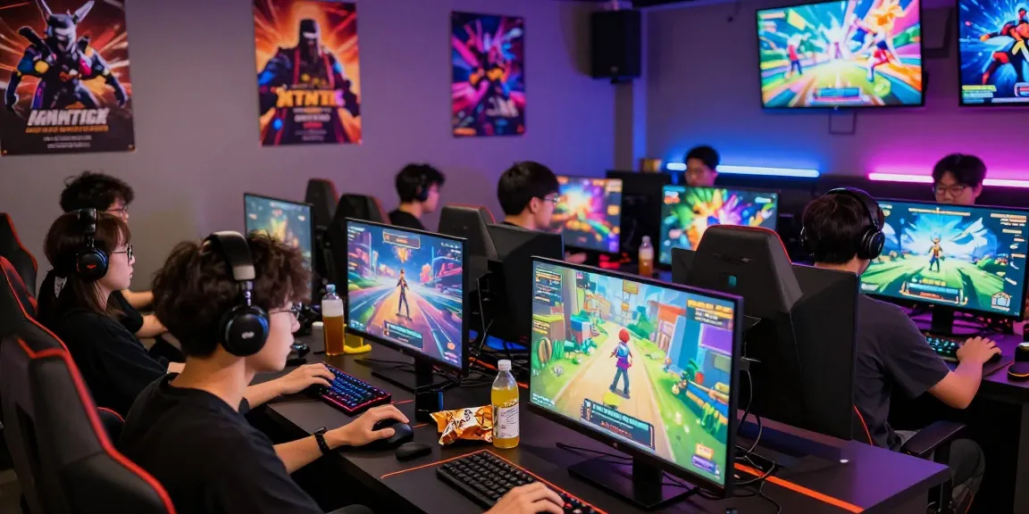 Group enjoying hentaigames in a vibrant gaming café environment.
