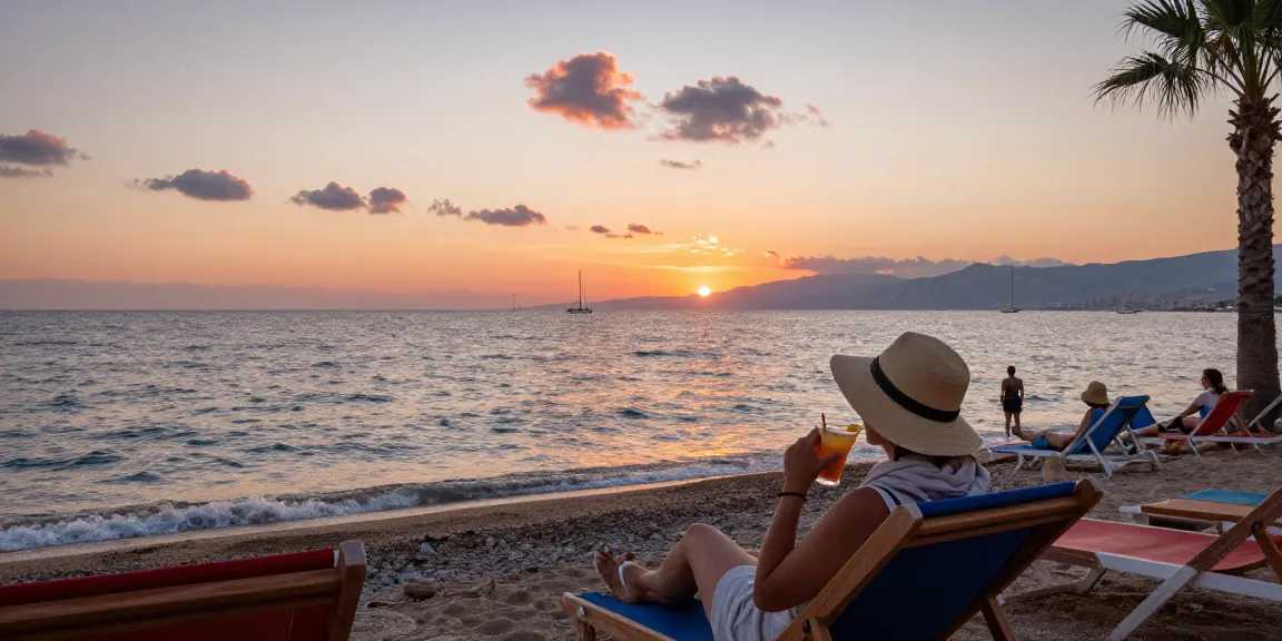 Antalya weather October evening at a beach with sunset hues and a traveler relaxing.