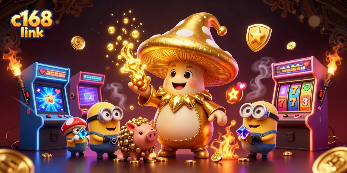 C168 link captures magical winnings with a golden mushroom wizard and treasure-hunting pig amidst vibrant arcade elements.