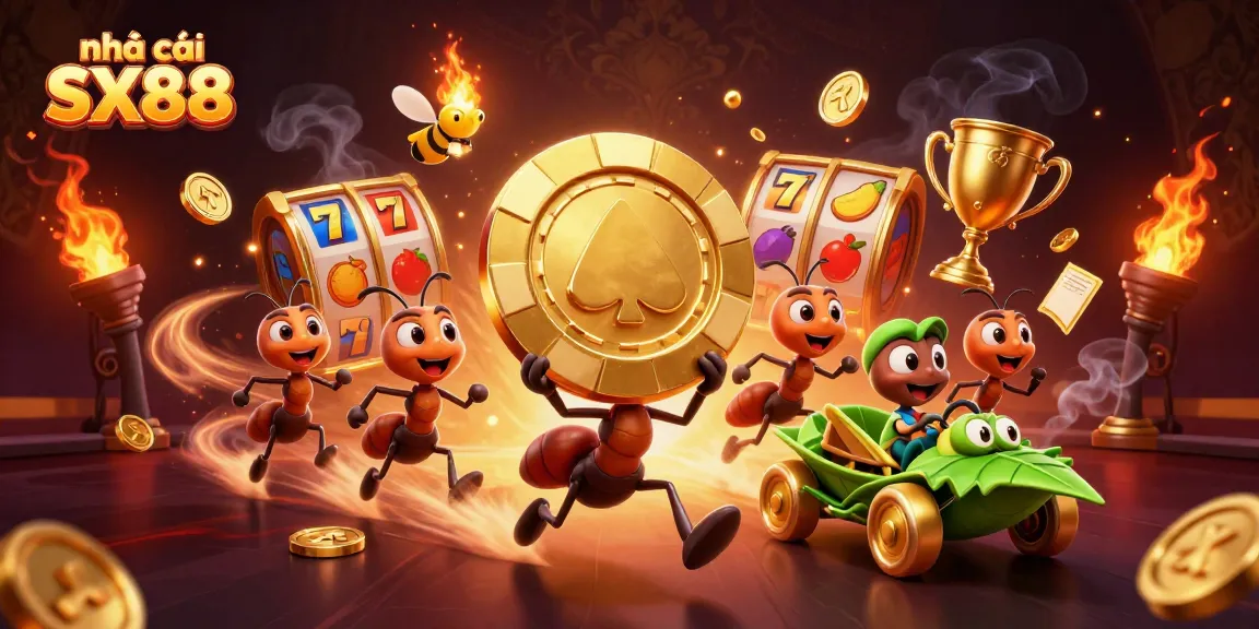 Capture action at nhà cái SX88 as animated ants steal a giant poker chip amidst dynamic casino elements.