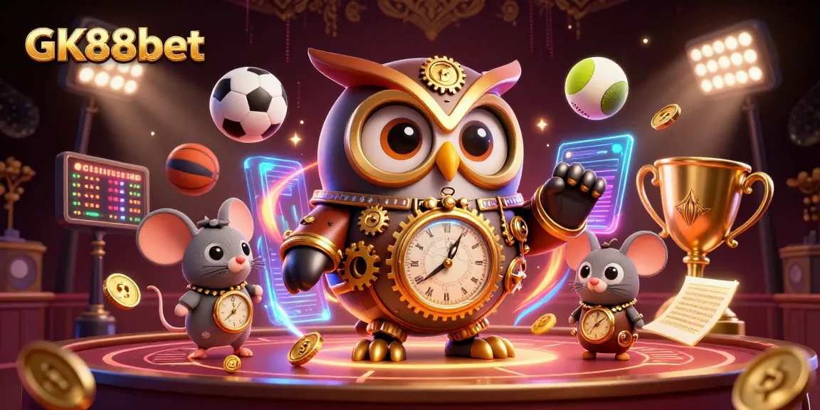Bet on GK88bet with 3D cartoon owl and sports elements in dynamic casino scene
