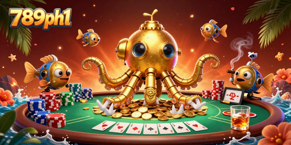 Engage in thrilling gaming action with the golden kraken submarine and poker setup depicting 789ph1.