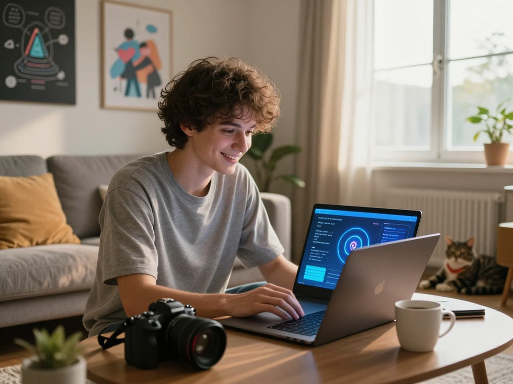 Engaging with an AI sex chat interface in a cozy home office setting.