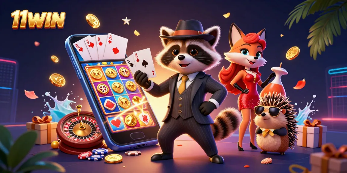 Experience the excitement of 11WIN's vibrant casino atmosphere with animated characters and games.