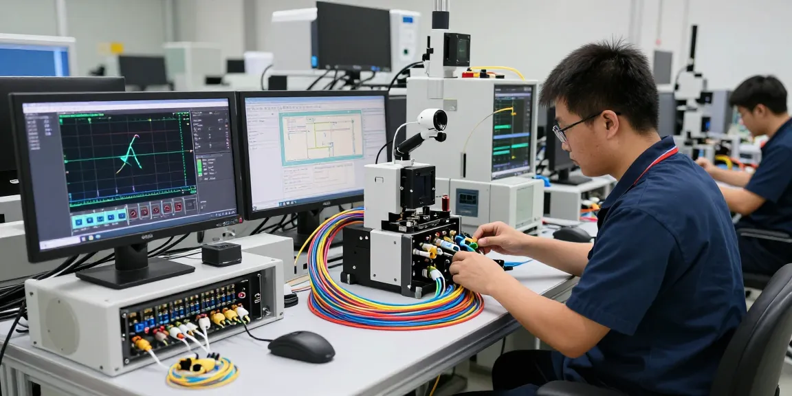 Technician assembling advanced optical cables in a high-tech manufacturing facility