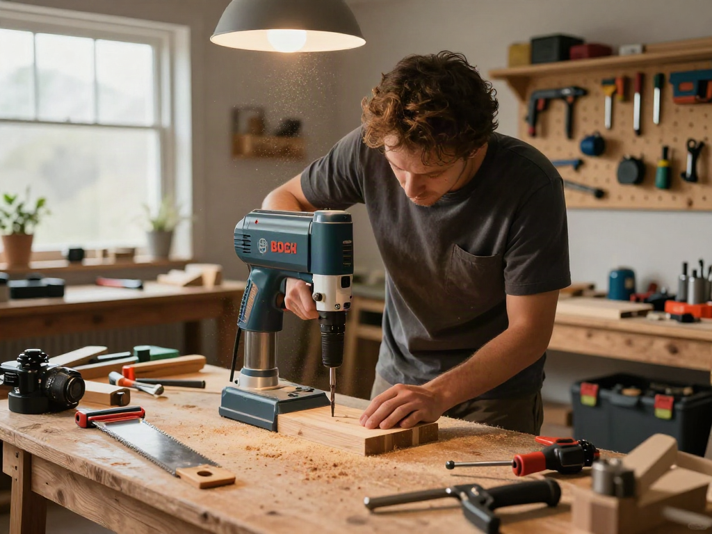 Craftsman drilling precise holes with a Bosch drill press in a cozy workshop.