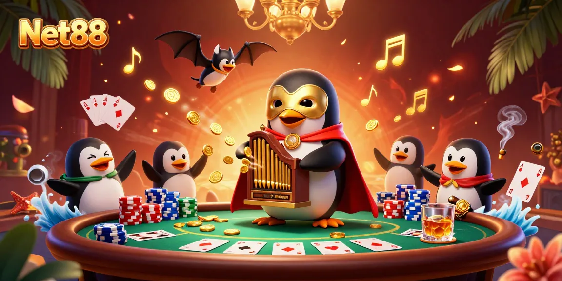 Experience thrilling poker action with Net88 featuring a 3D cartoon phantom penguin and acrobat.