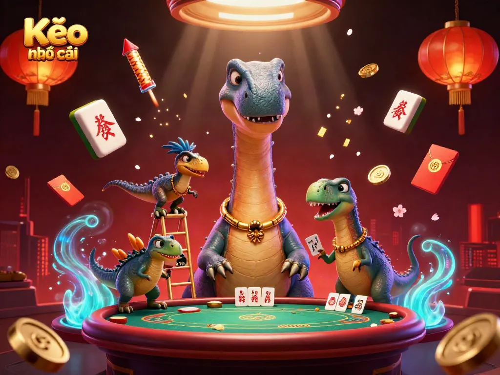 Experience the thrill of Kèo nhà cái as a giant dinosaur overlooks a vibrant casino scene filled with energizing symbols and festive elements.